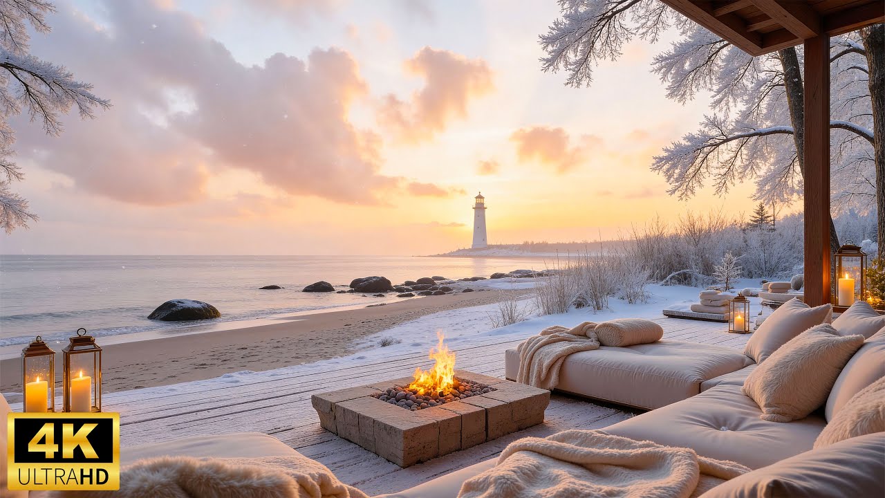 Атмосфера зимнего снежного пляжа ❄ Спокойная фортепианная музыка со звуками океана и теплым камином