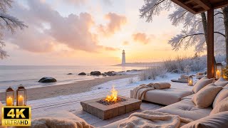 Snowy Winter Beach Ambience❄Peaceful Piano Music with Ocean Sounds & Warm Fireplace for Sleep, Calm Profile