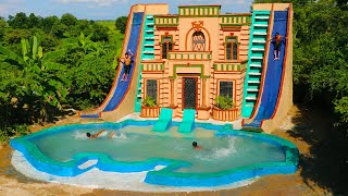 Build Mud Villa House, Twin Water Slide & Design Swimming Pool For Entertainment Place In The Forest