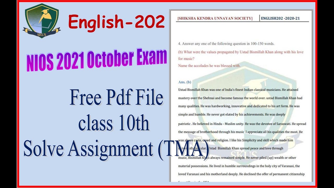Free NIOS October 2021 Exam Class 10th English 202 Solve Assignment (TMA) Free pdf