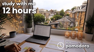 12 HOUR STUDY WITH ME on A RAINY DAY |  Background noise, 10 min Break, No music, Study with Merve