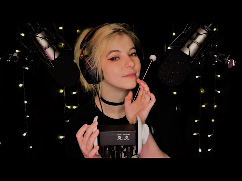 ASMR | gentle ear cleaning & bassy deep whispering, ear to ear, layered, 3 mics