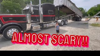 Close call!! With a 2018 Peterbuilt with an end dump trailer!