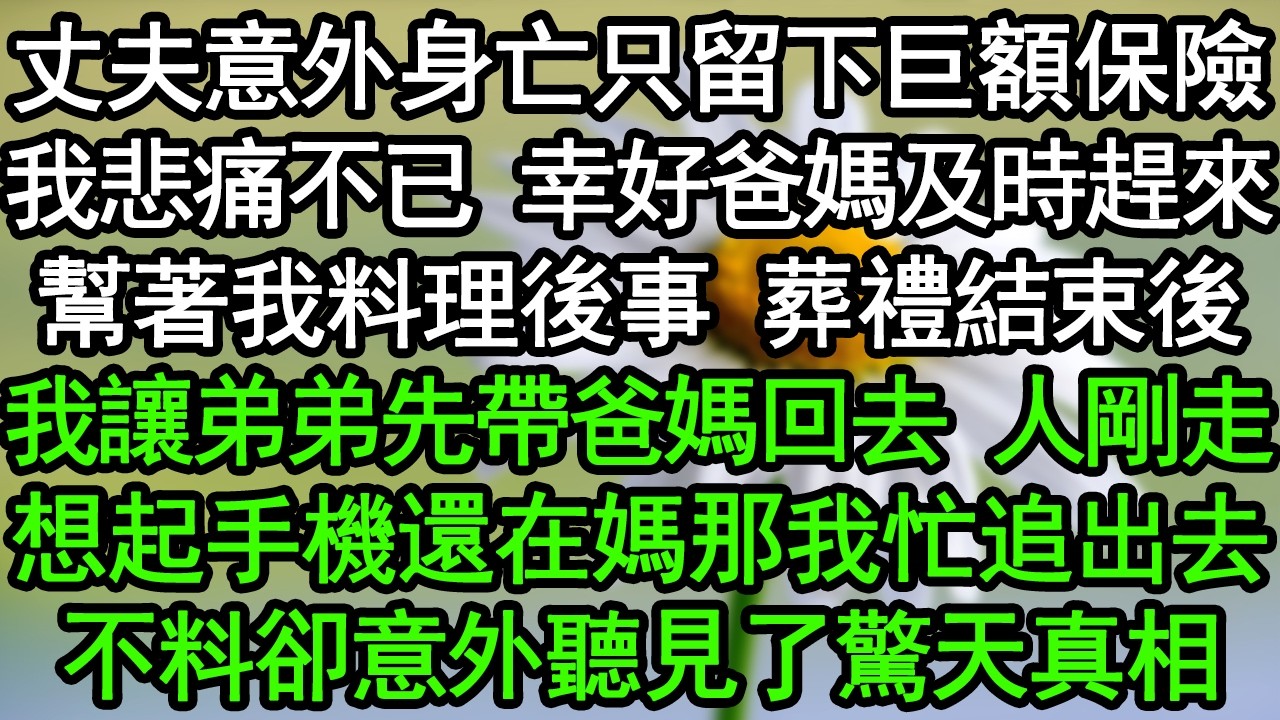 丈夫意外身亡只留下巨額保險，我悲痛不已，幸好爸媽及時趕來幫著我料理後事，葬禮結束後，我讓弟弟先帶爸媽回去，人剛走，想起手機還在媽那我忙追出去，不料卻意外聽見了驚天真相#深夜淺讀 #為人處世 #生活經驗