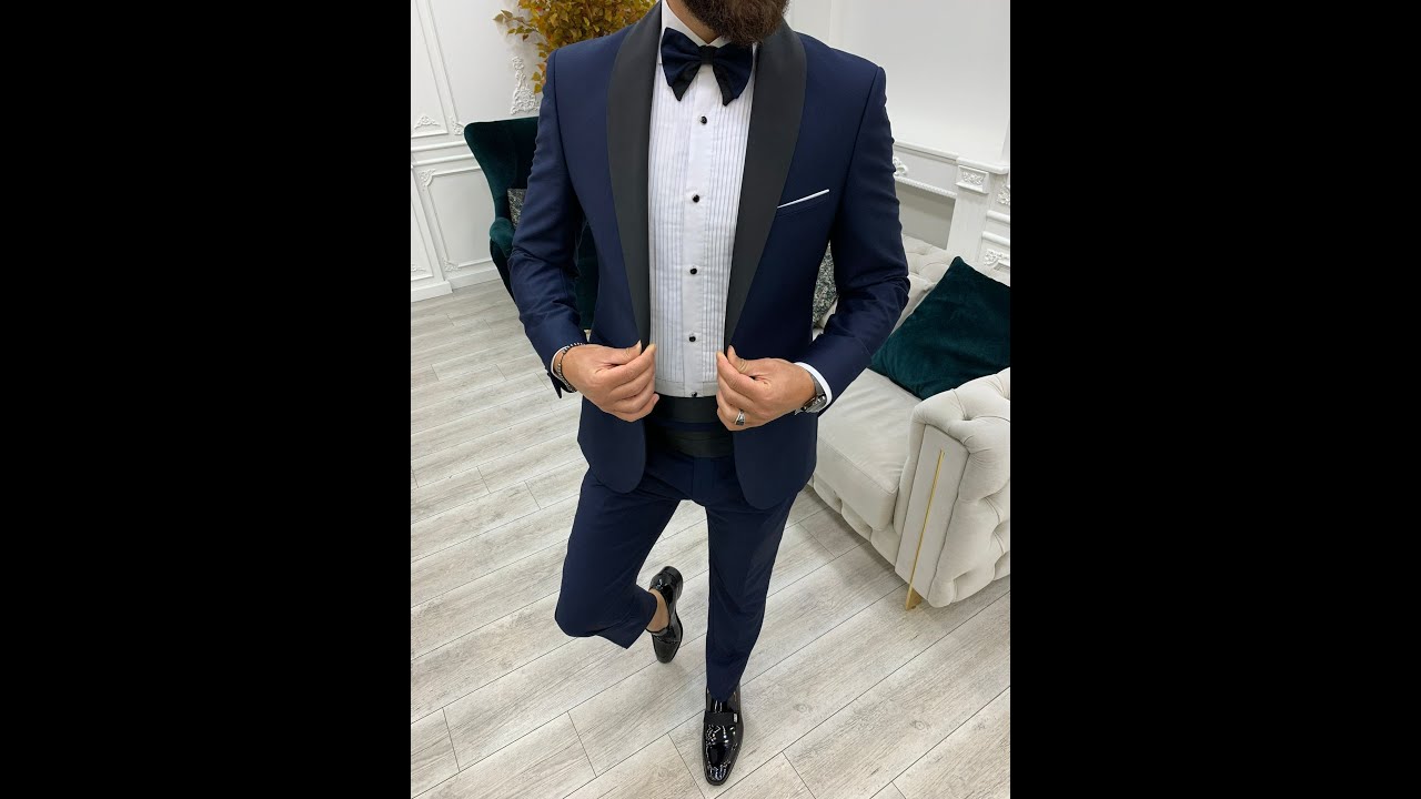 GentWith Norfolk Navy Blue Slim Fit Shawl Lapel Cummerbund Tuxedo