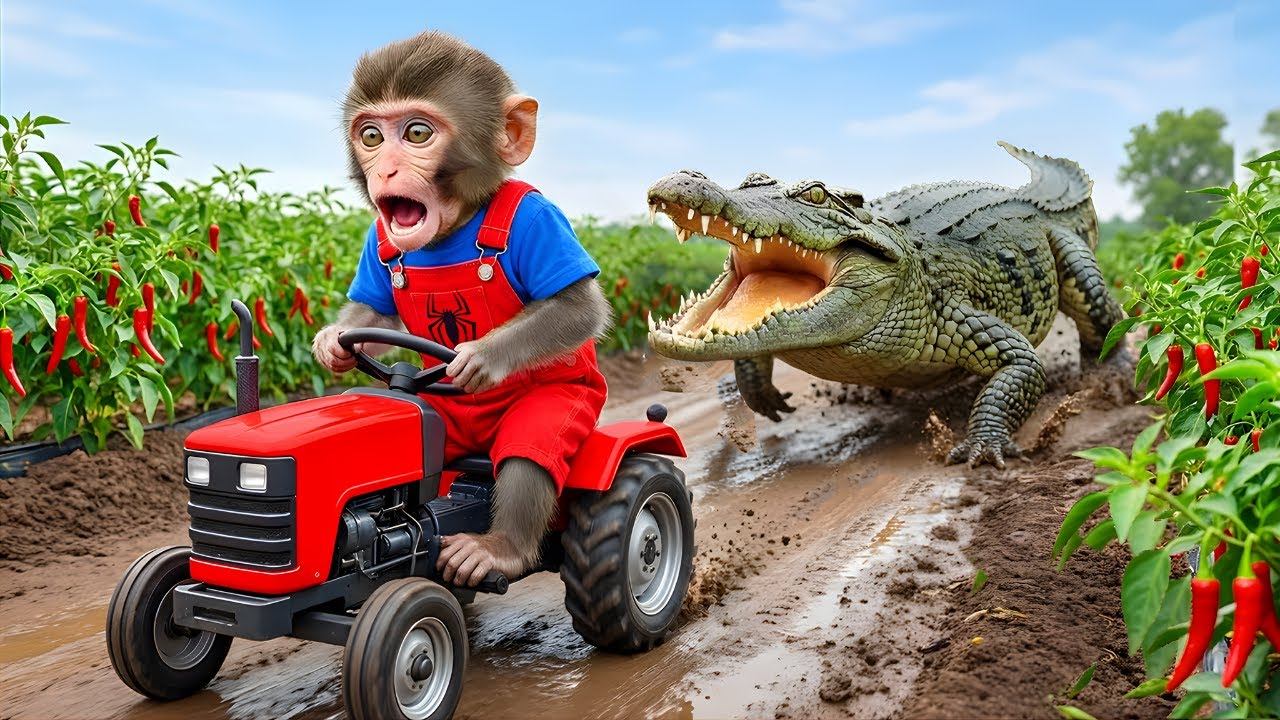 Monkey YOYO Drives Tractor to Dig a Water Channel to Rescue His Farm But a Crocodile Attacks!