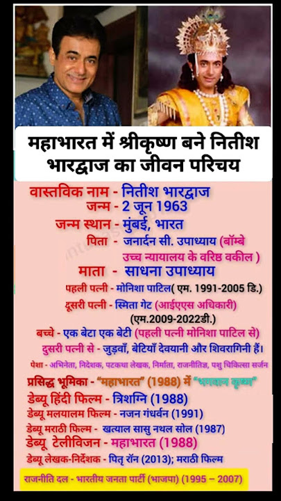 महाभारत में श्री कृष्णा बने नितीश भारद्वाज का जीवन परिचय nitish bharadwaj biography