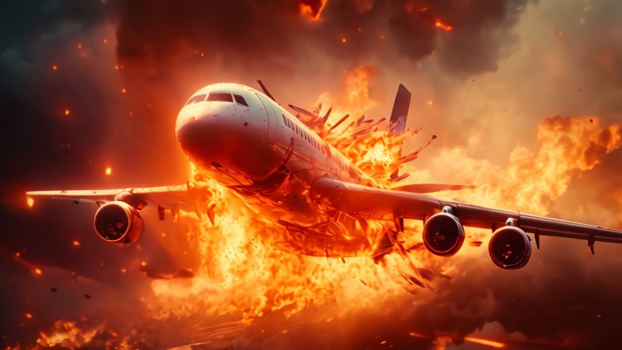 Airplane in the fire. 3d illustration. Conceptual image, Airplane with engine on fire, concept of