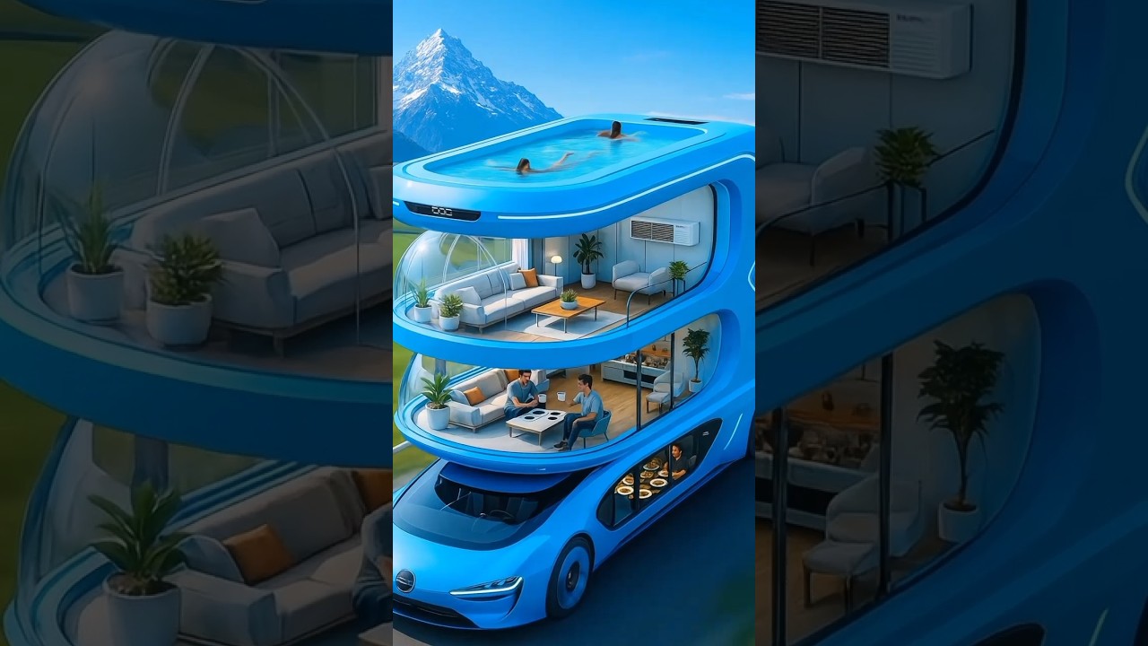 Futuristic Blue Luxury Car 🚐 Rooftop Pool & Lounge Tour | 