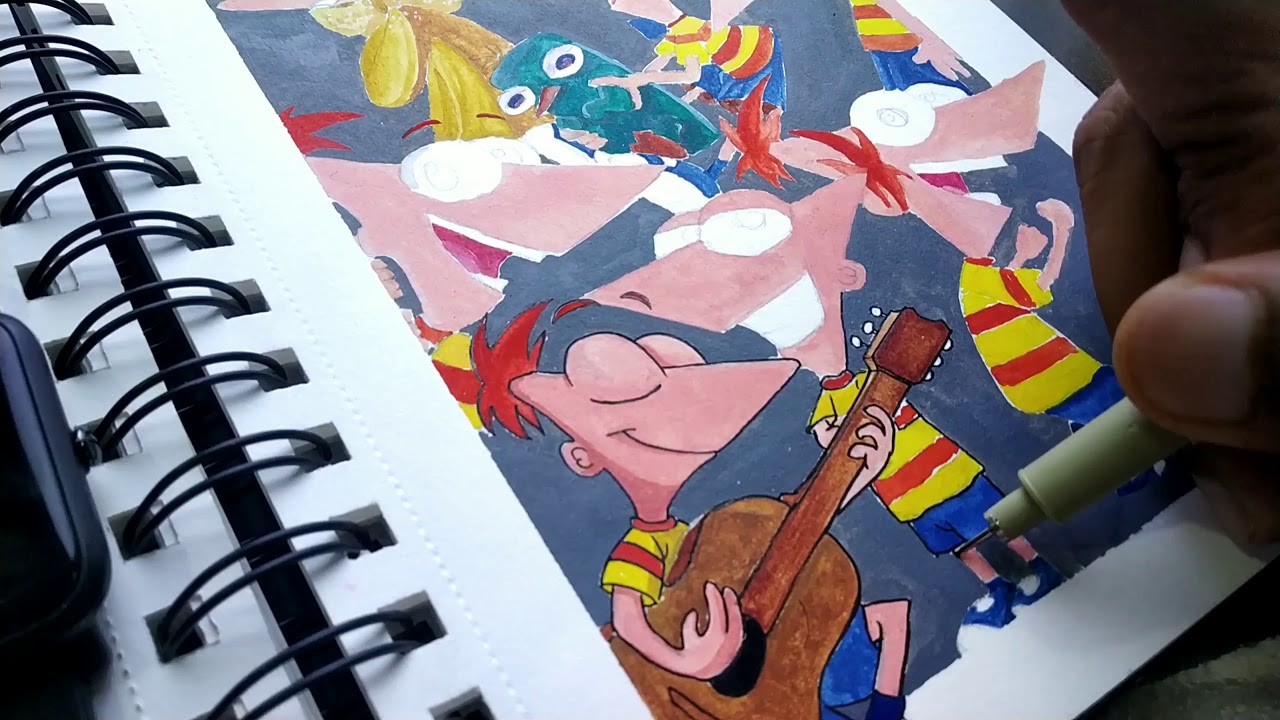 how to draw Phineas and Ferb doodle art with watercolors || Disney ...