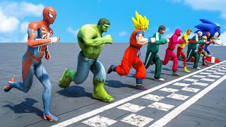SPIDERMAN NO WAY HOME TEAM Vs SQUID GAME ARMY | Superheroes Running Challenge Competition #348