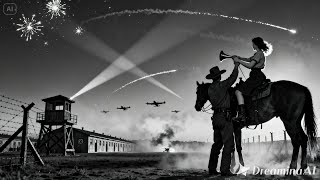 Under a Texas sun a cowboy lifts a German woman POW onto his horse and a camp stops breathing