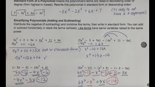 7-1 Polynomials - Classifying, Adding, Subtracting - Class Notes