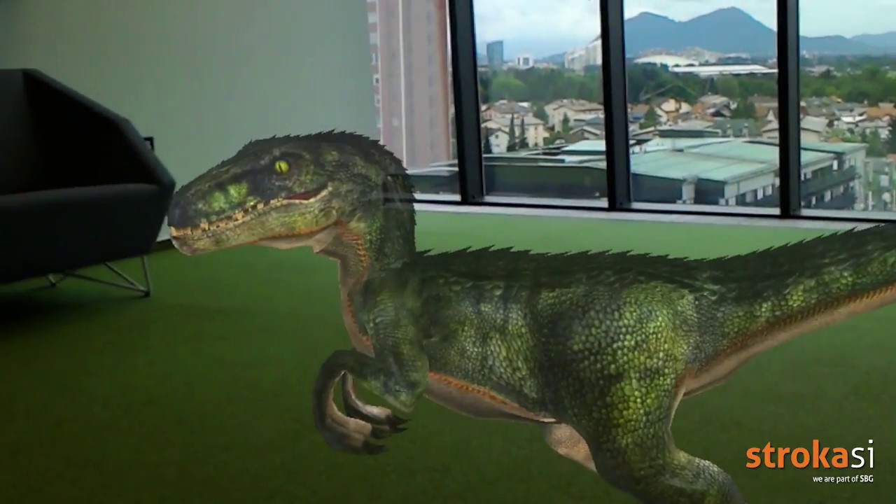 Microsoft HoloLens Glasses mixed reality fun scenario (dinosaur hunting