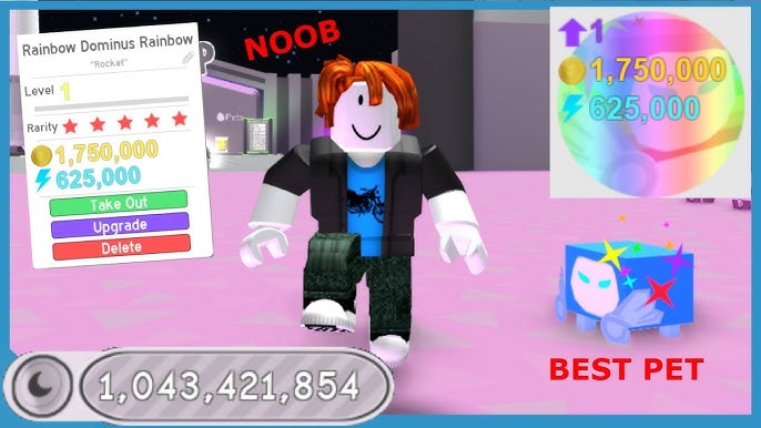 Noob With Rainbow Dominus Rainbow Unlocked All Areas Instantly Best Pet Roblox Pet Simulator Youtube - how to delete a t shirt you made on roblox roblox dominus