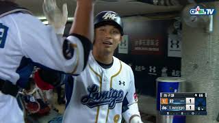09/27 統一 vs Lamigo 六局下,大王開炮!王柏融一棒掃上右外野大牆,本季第14轟幫助球隊追平戰局