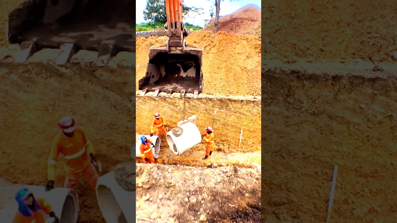 Excavator Moves Heavy Concrete Ring 