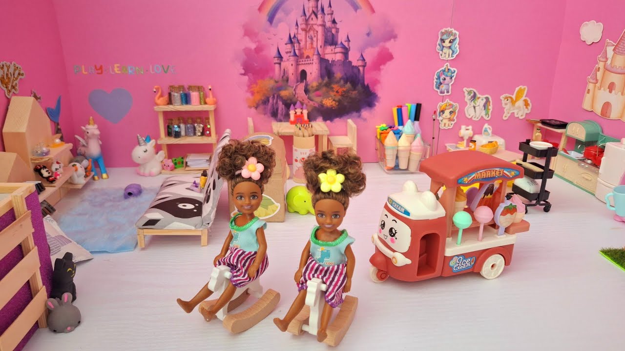 Suprise unicorn playroom with toy kitchen+ball pit- Barbie dolls