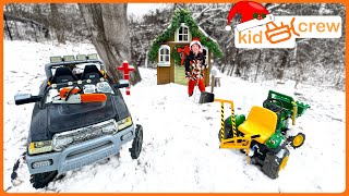 Christmas landscaping with backhoe, truck, trailer, chainsaw, and lights. Educational | Kid Crew