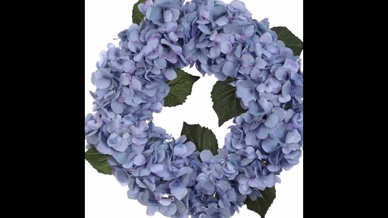 Hydrangea Wreath 12 Artificial Flowers 18” Silk Spring Wreath for Front Door with Foliage Grapevine