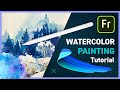 Watercolor painting with adobe fresco  cabin in the woods