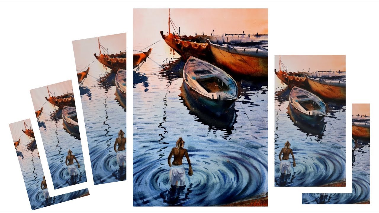 Banaras Ghat | Watercolor Painting | Boats | Sadhu | Reflections | Sunrise | Artist Achintya Hazra
