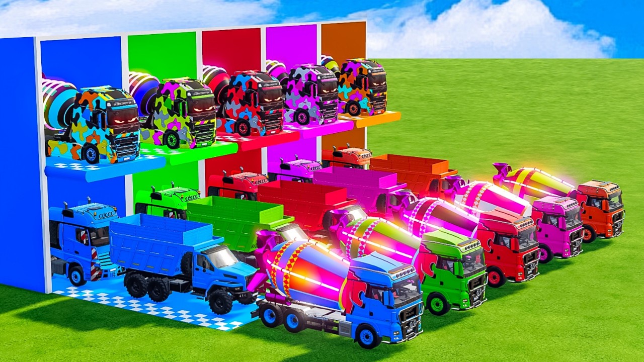 Красочный гараж FS22 - Бетоносмеситель с бортовым прицепом, самосвал, Mercedes-Benz, бетоносмесит...