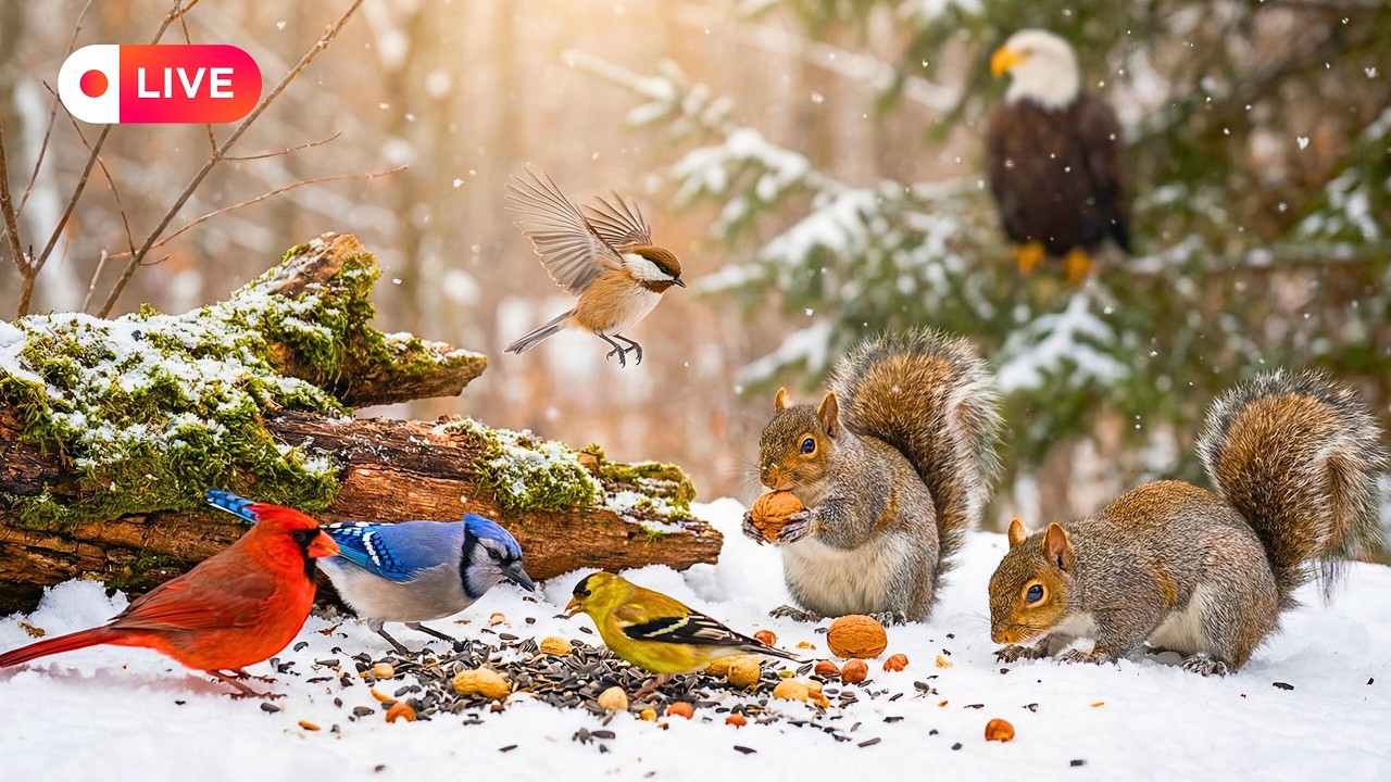 🔴 Winter Cabin Bird Feeder 24/7 ❄️ Bright Cardinals, Juncos & Squirrels | Cat TV