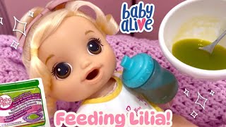 Feeding Baby Alive magical mixer Lilia 2006 bean 🥦 doll food packet and orange 🍊juice! #babyalive 