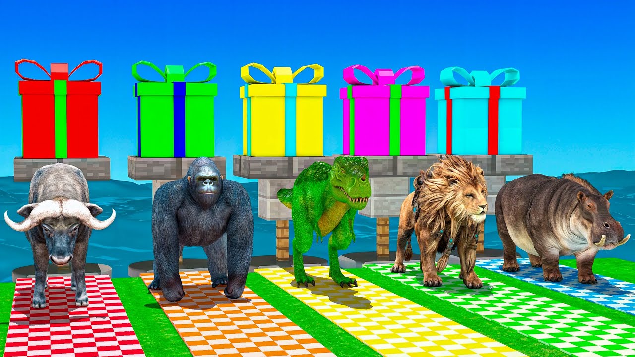 Long Slide Game With Cow Elephant Gorilla Hippopotamus Tiger - 3d Animal Game - Funny 3d Animals