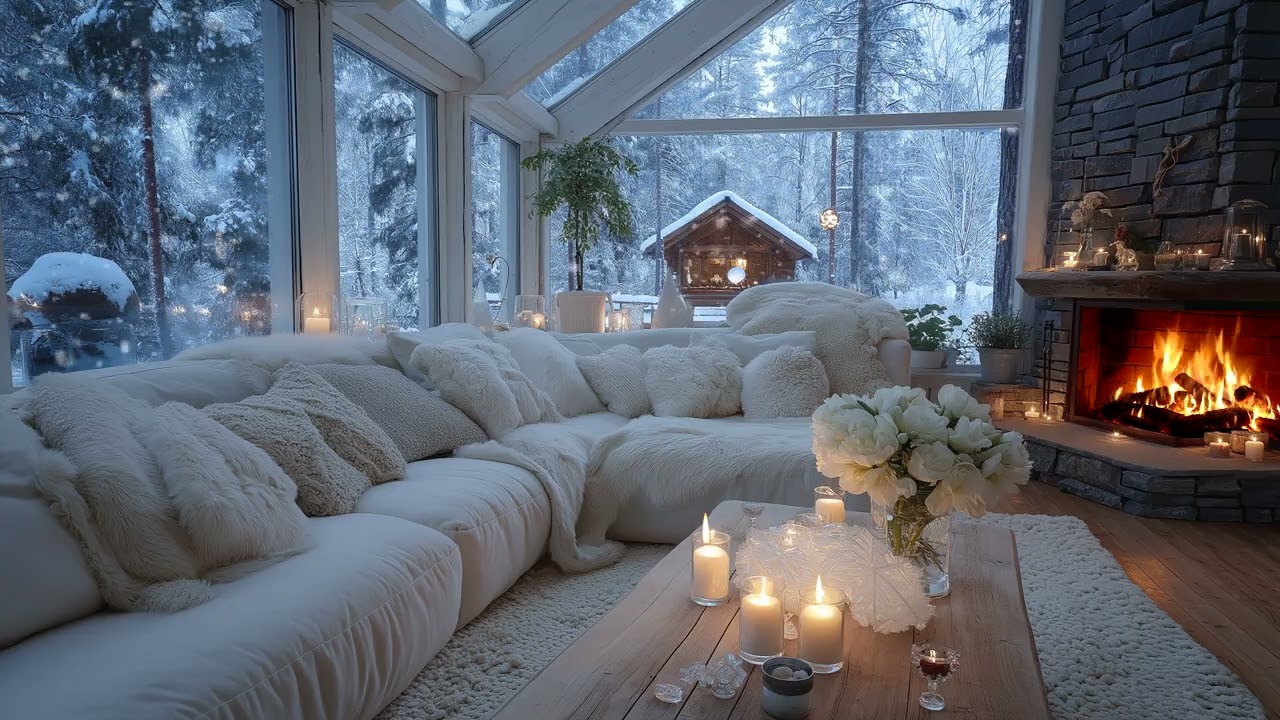 🔥 Winter White Lounge Piano: Fireplace Sounds, Snowy Views, Relaxing Music for Stress Relief & Focus