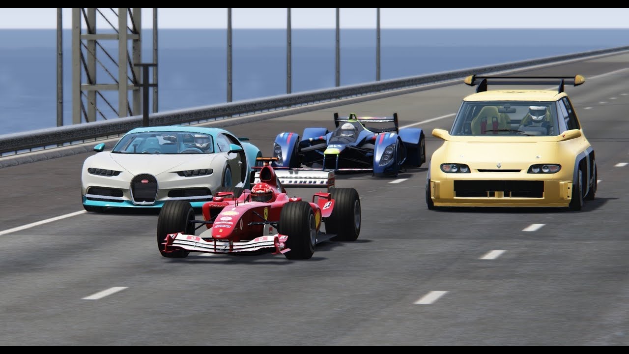 Ferrari F1 2004 vs Renault Espace F1 vs Red Bull X2010 vs Bugatti Chiron - Drag RACE