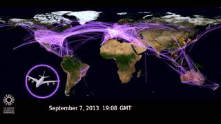 Real-time air traffic reveals modern travel patterns occurring on
timescales far more rapid than species migration in the natural world.
illustrating flights...