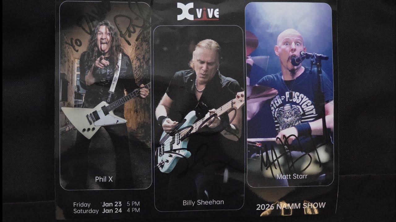 Phil X, Billy Sheehan, Matt Starr NAMM XVive booth 01-23-2026