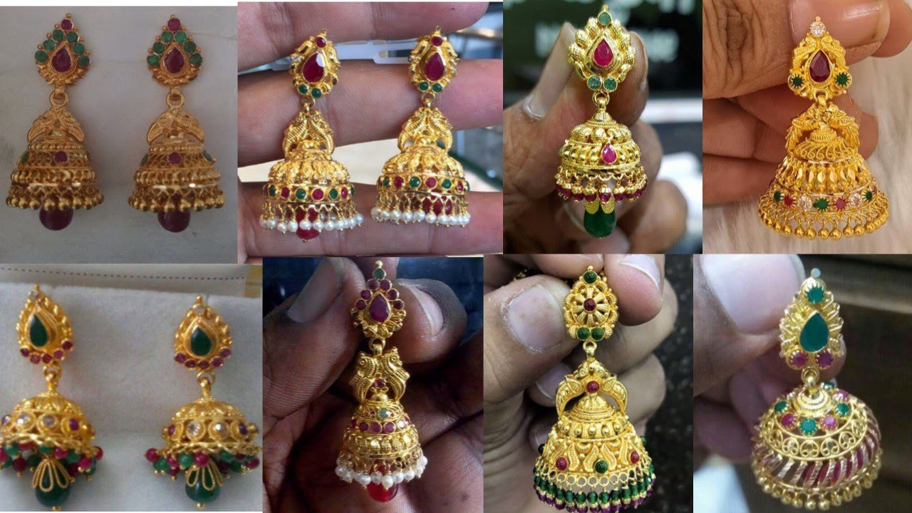 Heavy gold jhumka designs | gold earrings collection | gold buttalu ...