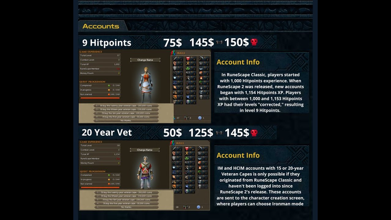 RARE RuneScape Accounts for Sale – 9 Hitpoints & 20-Year Veteran Accounts!