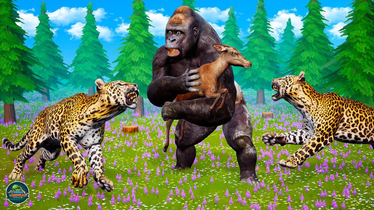 Big Gorilla Fight with Leopard to Save Wild Deer Wild Animals Fights