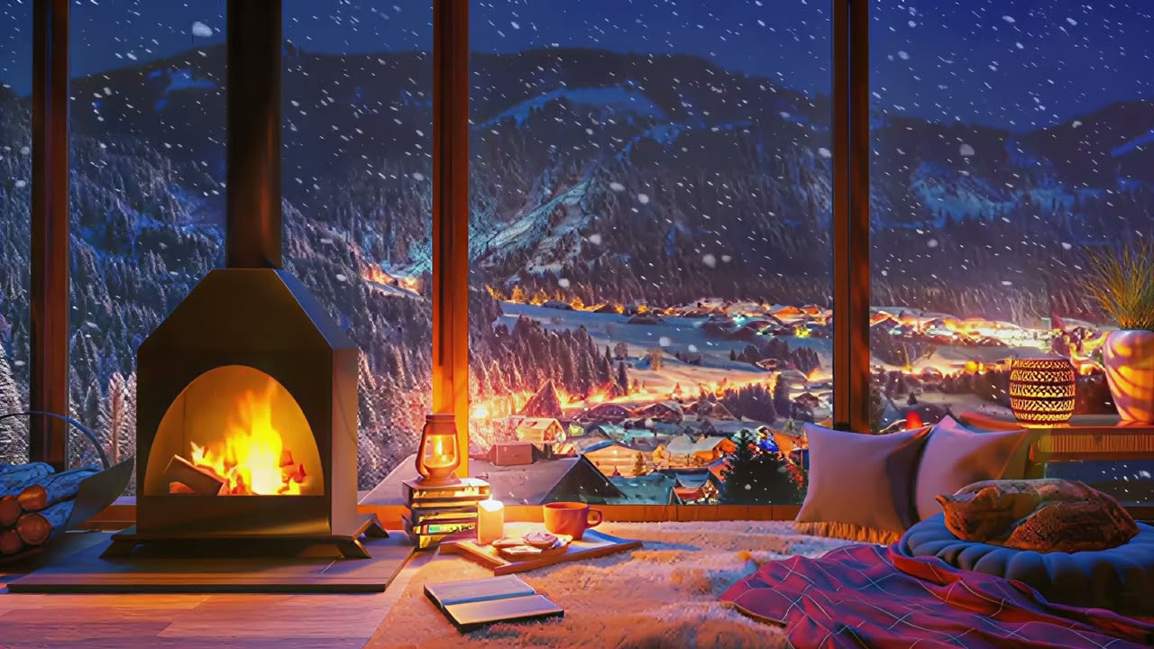 3 Hours Cozy Winter Cabin ❄️🔥 | Fireplace & Snowfall Piano for Focus, Study & Relax