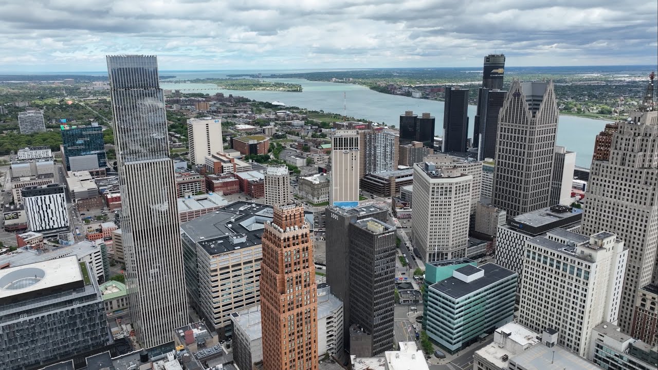 Detroit. View Downtown Detroit Skyline and New Hudson’s Detroit Skyscraper [Drone 360 ...