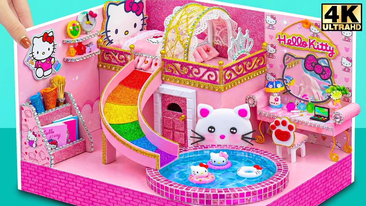 Build Hello Kitty Sky House with Rainbow Slide Tunnel & Sparkle Kitty Spa ❤️ | DIY Miniature House