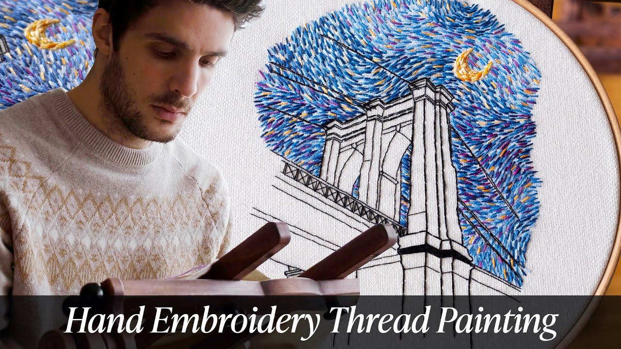 Hand Embroidery Painting of the Brooklyn Bridge - Relaxing art