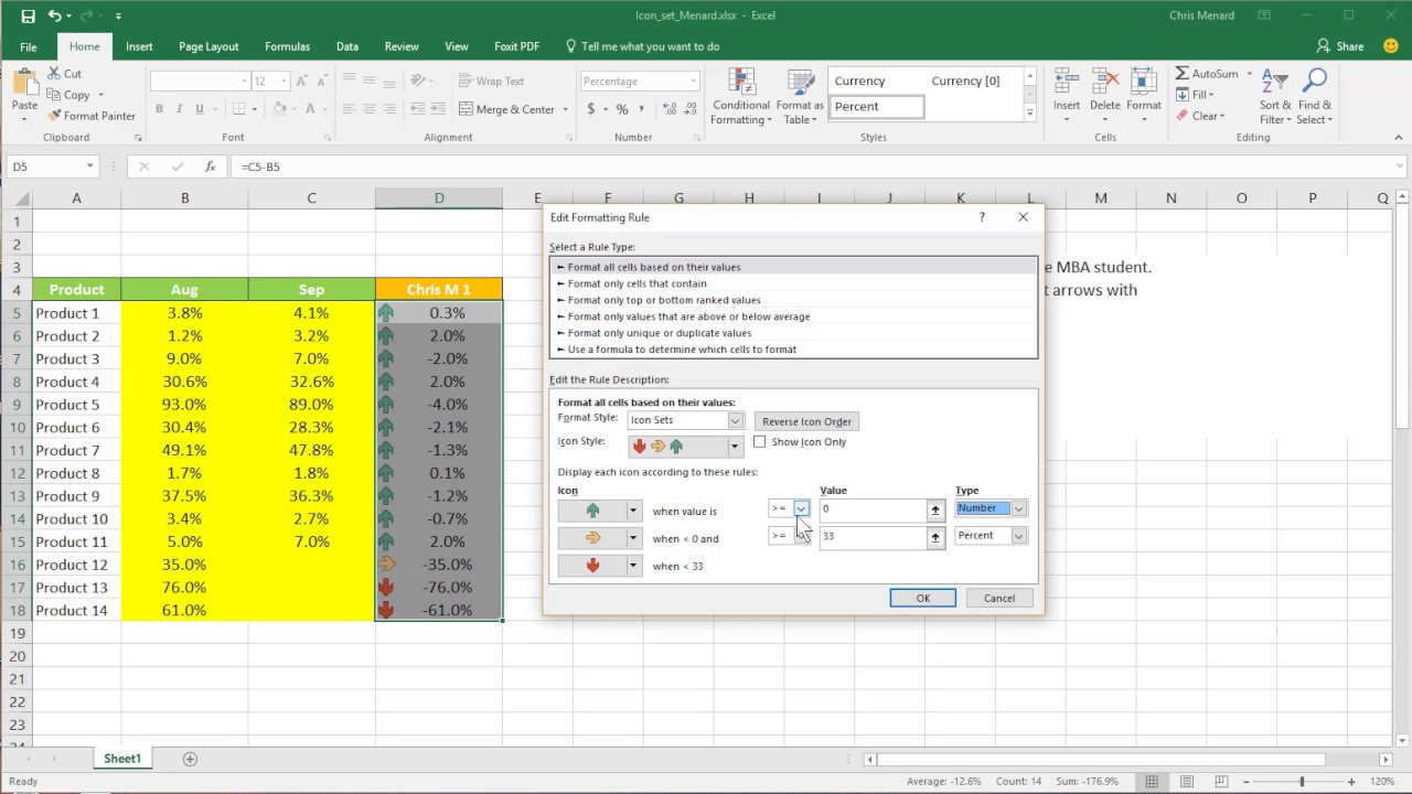 Use Two Arrow Icon Set With Conditional Formatting In Excel By Chris Menard Youtube