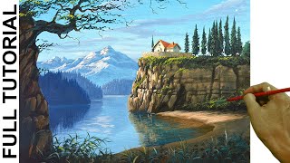 Acrylic landscape Painting Tutorial / House on Top of Mountain Cliff