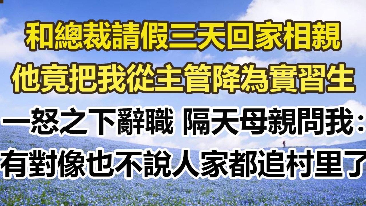 和總裁請假三天回家相親，他竟把我從主管降為實習生，我一怒之下辭職隔天母親問我，有對像也不說人家都追村里了。#幸福敲門 #為人處世 #生活經驗 #情感故事