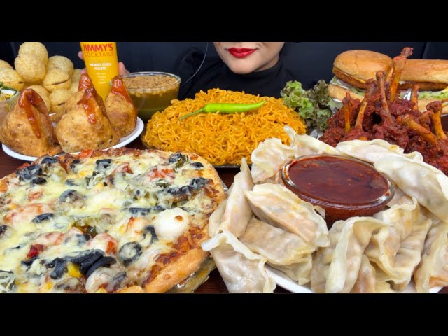 ASMR EATING STREETFOOD,NOODLES,PANIPURI,PIZZA,CHICKEN LOLLIPOP,BURGER,MOMO