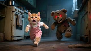 Ginger Kitten Meets Giant Teddy Bear Ghost , Mama Cat Brings Warm Hugs Funny Cat Videos