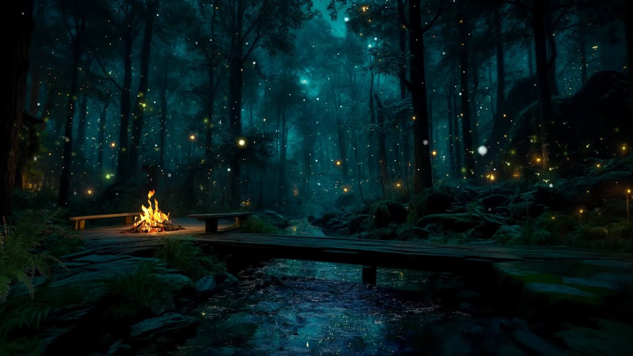 Enchanted Forest Night ✨🔥 Magic Campfire, Fireflies & Creek Sounds | Fantasy Ambience