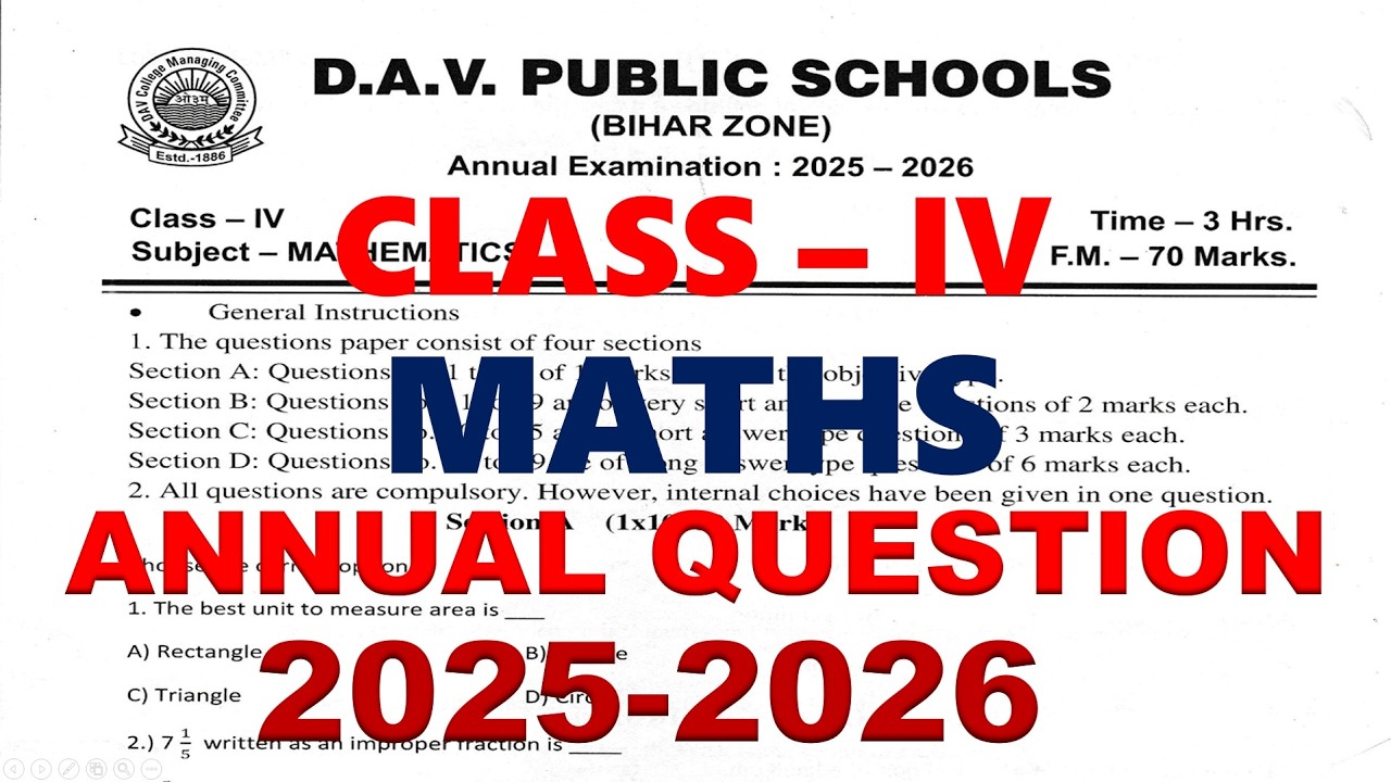 DAV CLASS 4 MATHS PREVIOUS YEAR ANNUAL QUESTION PAPER | MATHS FINAL ...