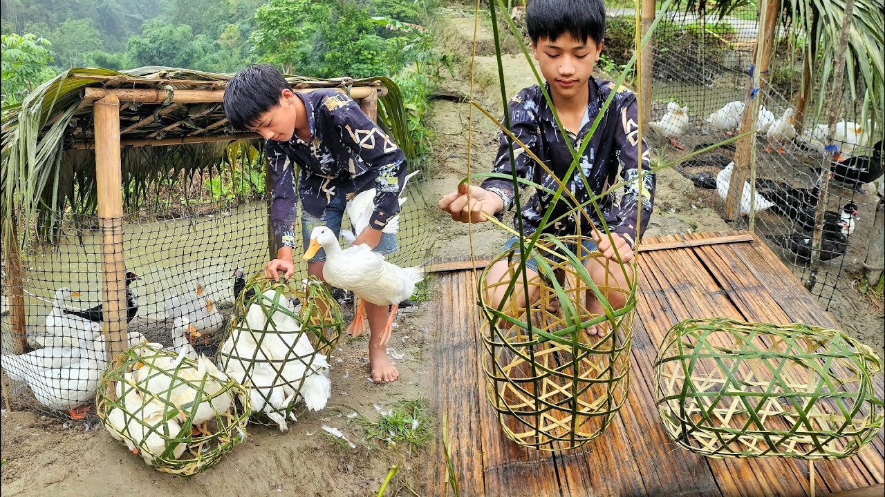 Boy Nam's weaves 2 bamboo cages to hold ducks for sale - Buys 3 plastic pots, water ladle, slippers