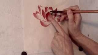 Red Lotus Flower in sumi-e Chinese brush painting technique